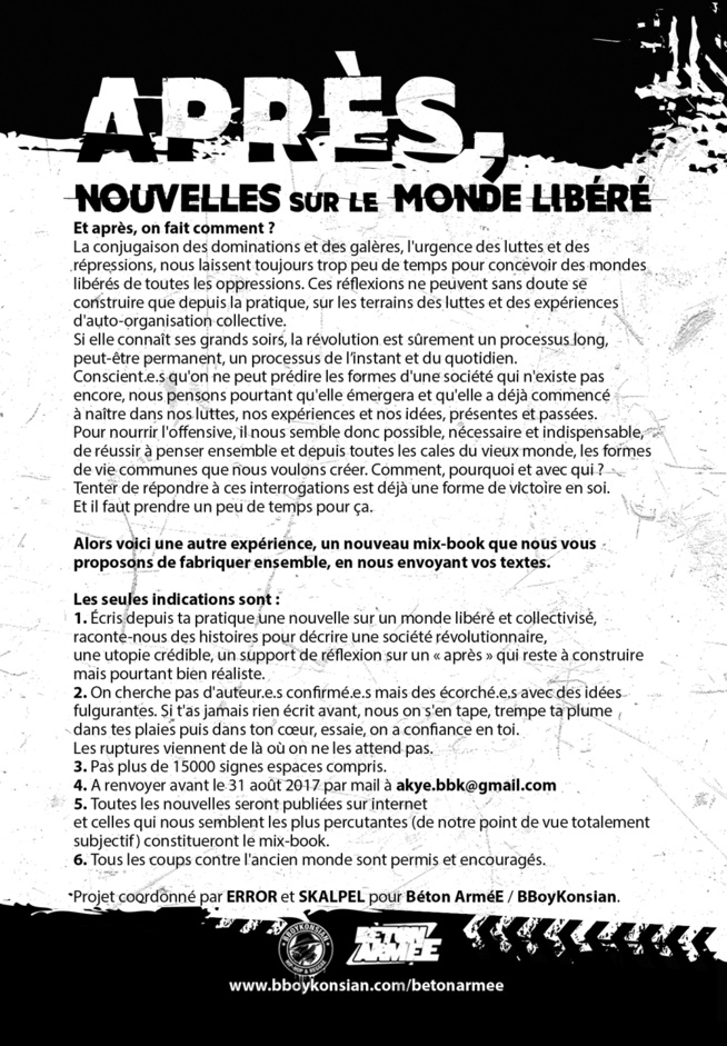 Appel pour un prochain Mix-book "Après, nouvelles sur le monde libéré" : Envoyez vos nouvelles avant le 31 août 2017 Appel pour un prochain Mix-book "Après, nouvelles sur le monde libéré" : Envoyez vos nouvelles avant le 31 août 2017