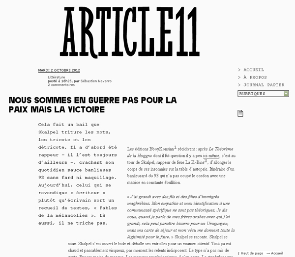 'Nous sommes en guerre pas pour la paix mais la victoire' - Article11 (Octobre 2012) 'Nous sommes en guerre pas pour la paix mais la victoire' - Article11 (Octobre 2012)