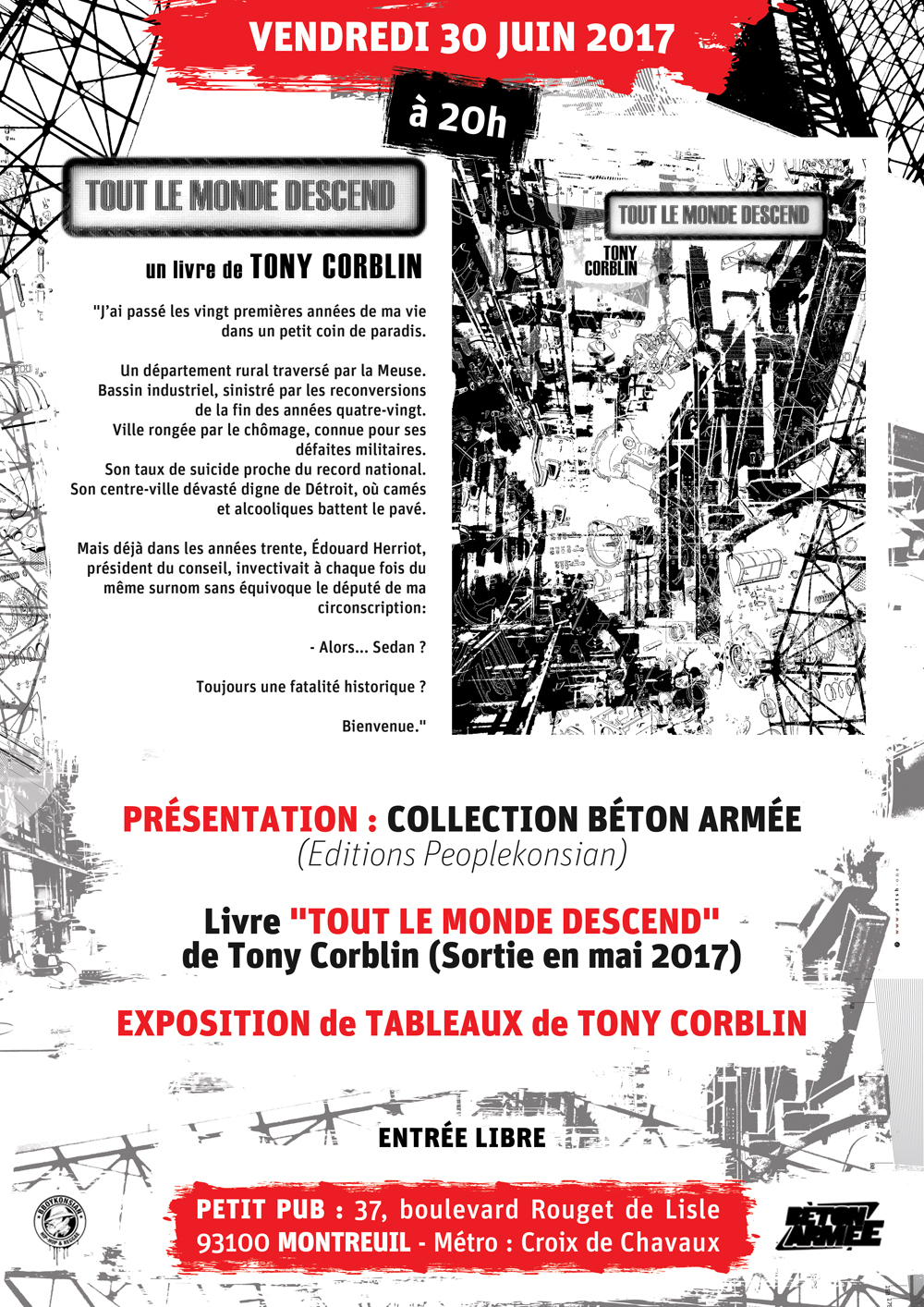 Présentation du livre "Tout le monde descend" de Tony Corblin le 30 juin 2017 à Montreuil Présentation du livre "Tout le monde descend" de Tony Corblin le 30 juin 2017 à Montreuil