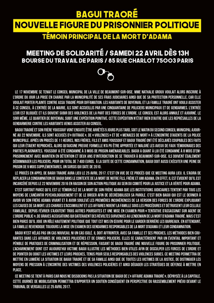 Meeting "Bagui Traoré, nouvelle figure du prisonnier politique" le 22 avril 2017 à Paris