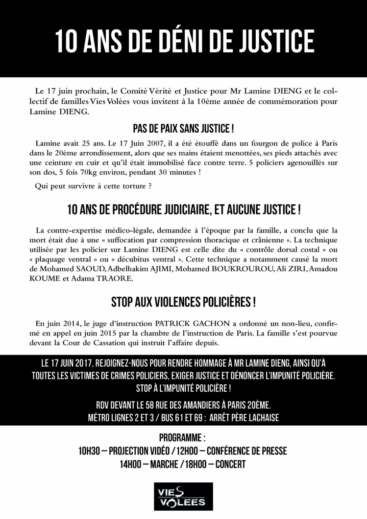 Commémoration "Lamine Dieng - 10 ans" le 17 juin 2017 à Paris