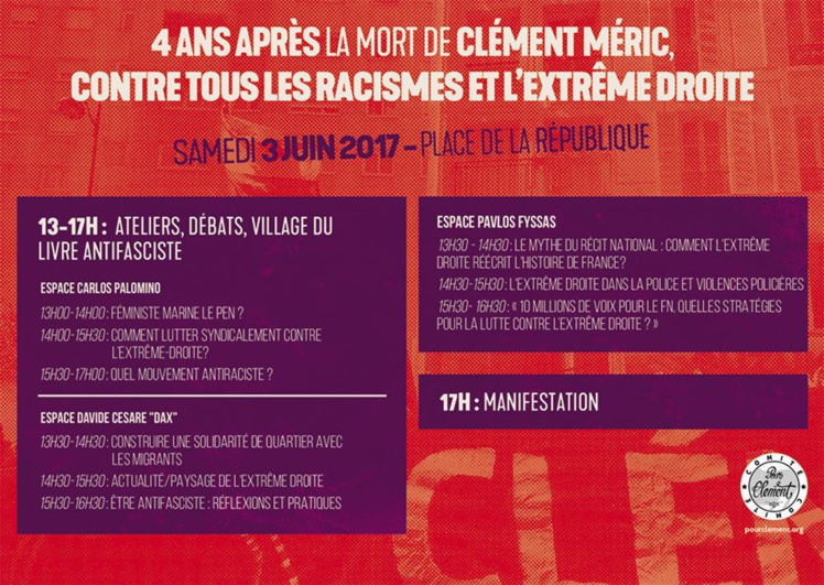 Week end de mobilisation les 3 et 4 juin 2017, 4 ans après la mort de Clément Méric