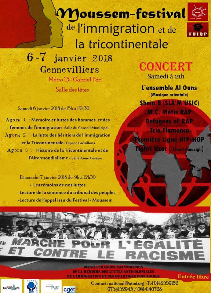 Moussem-Festival de l'immigration et de la tricontinentale les 06 et 07 janvier 2018 à Gennevilliers Moussem-Festival de l'immigration et de la tricontinentale les 06 et 07 janvier 2018 à Gennevilliers