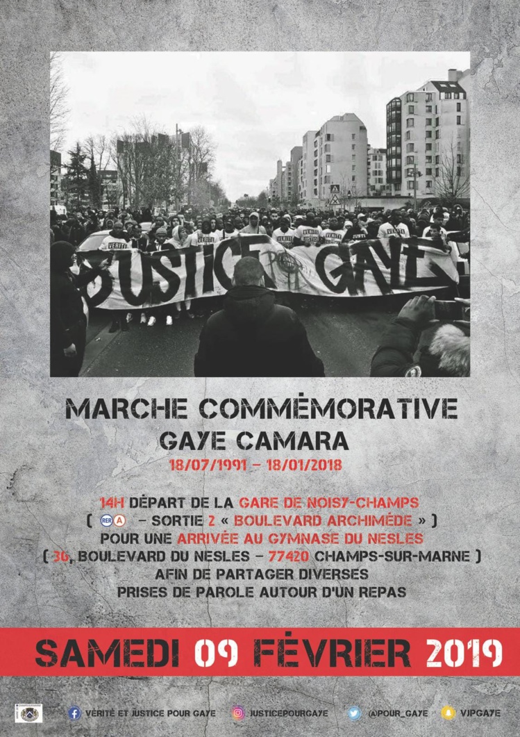 Marche commémorative pour Gaye Camara le 09 février 2019 à Champs-sur-Marne Marche commémorative pour Gaye Camara le 09 février 2019 à Champs-sur-Marne