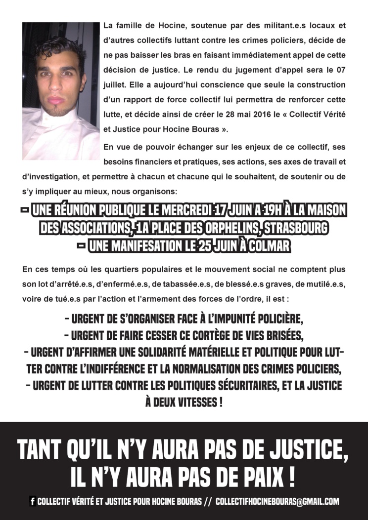 Communiqué de presse du Collectif Vérité et Justice pour Hocine Bouras