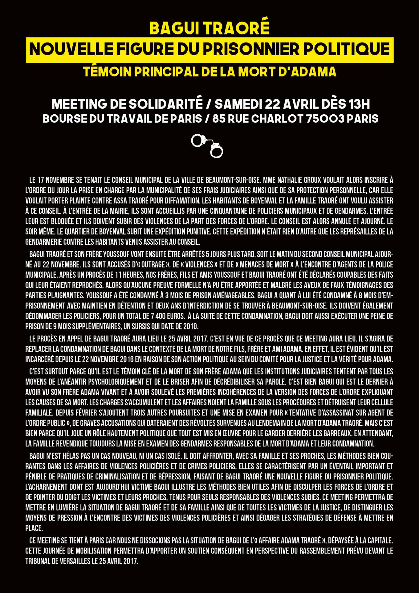Meeting "Bagui Traoré, nouvelle figure du prisonnier politique" le 22 avril 2017 à Paris