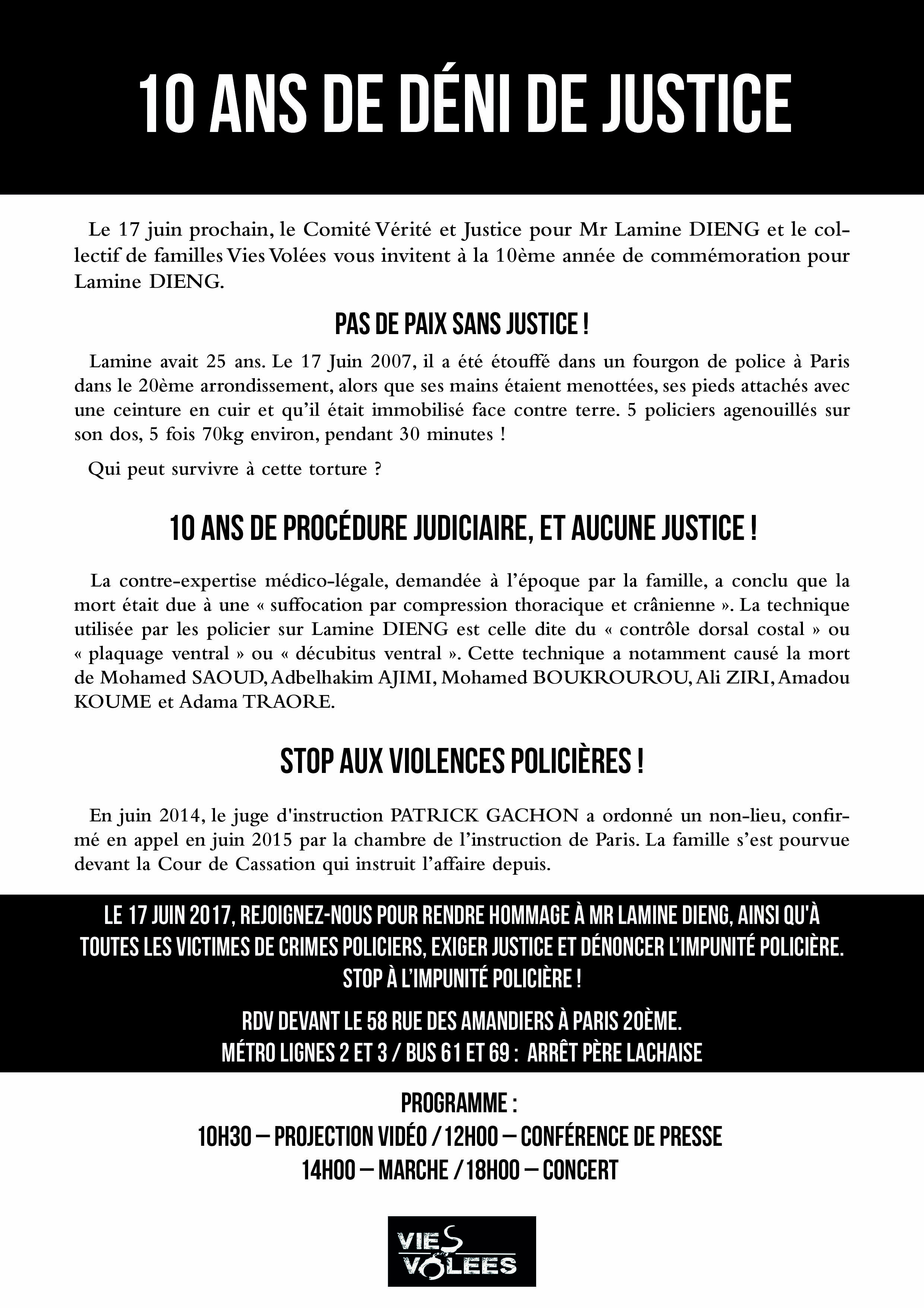 Commémoration "Lamine Dieng - 10 ans" le 17 juin 2017 à Paris