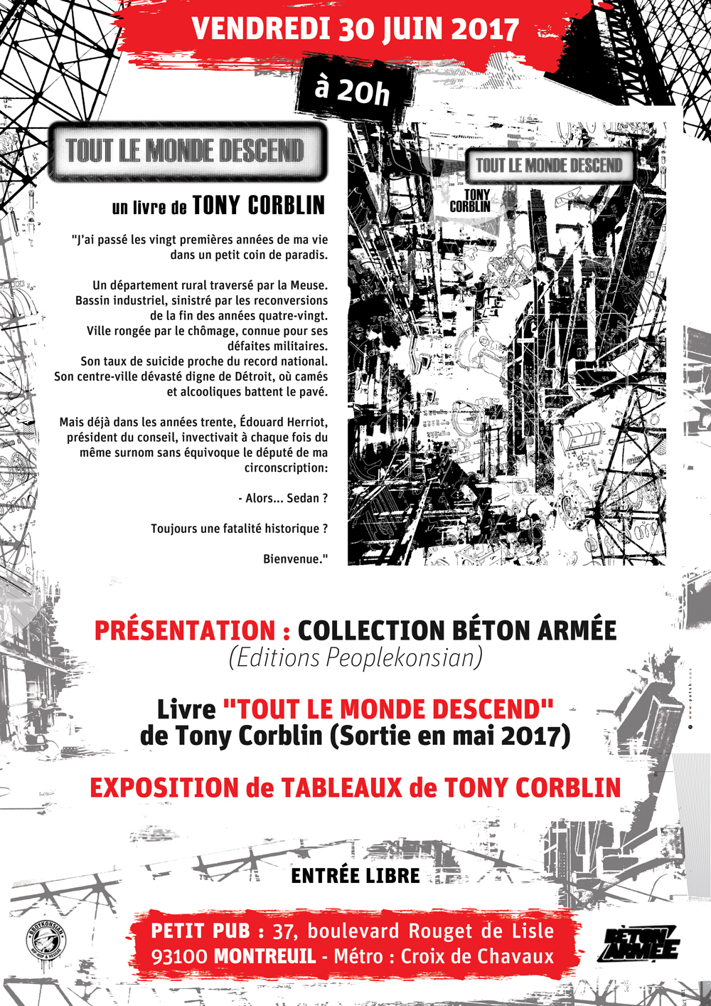 Présentation du livre "Tout le monde descend" de Tony Corblin le 30 juin 2017 à Montreuil
