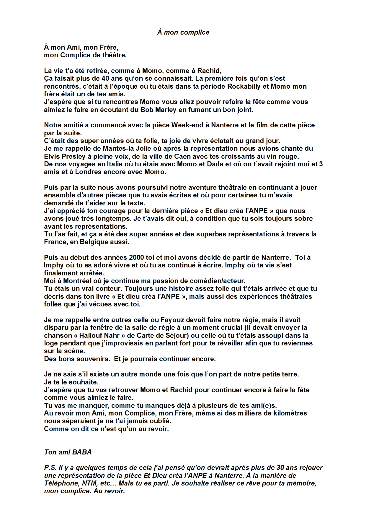 A mon Complice - texte de Belkacem Lahbaïri - dit Baba, en hommage à Belade