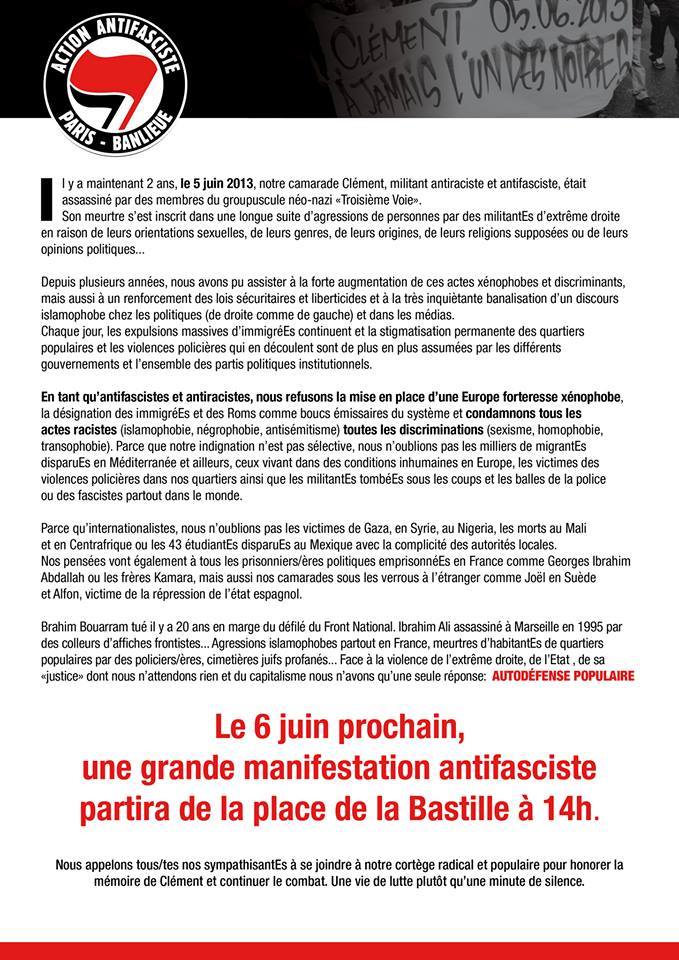 Manifestation antifasciste à Paris le samedi 06 juin 2015