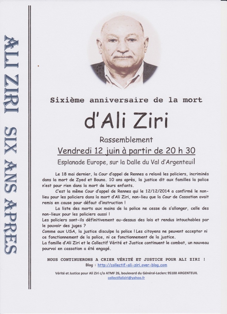 6ème anniversaire de la mort d’Ali Ziri 6ème anniversaire de la mort d’Ali Ziri