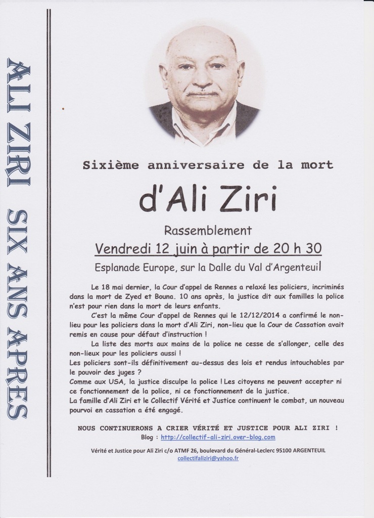 6ème anniversaire de la mort d’Ali Ziri