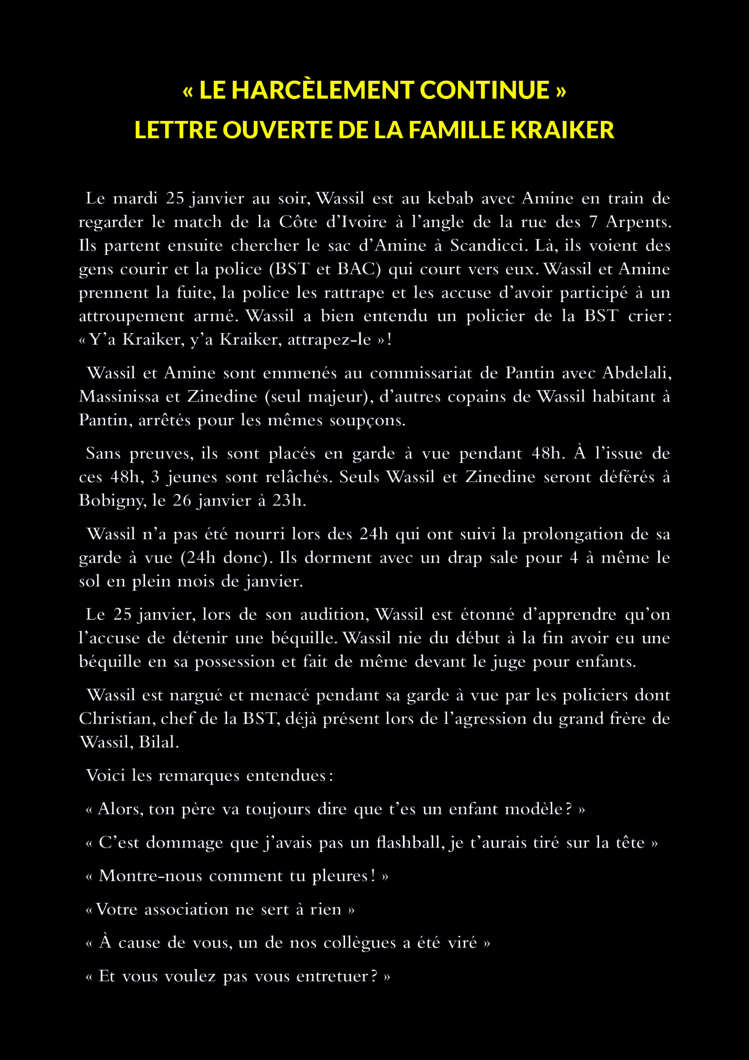 "Le harcèlement continue" - Lettre ouverte de la famille Kraiker