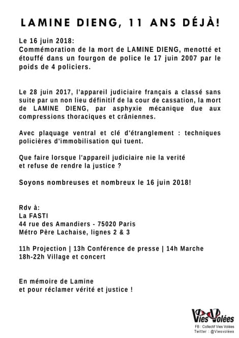 Commémoration "Lamine Dieng : 11 ans déjà !" le 16 juin 2018 à Paris
