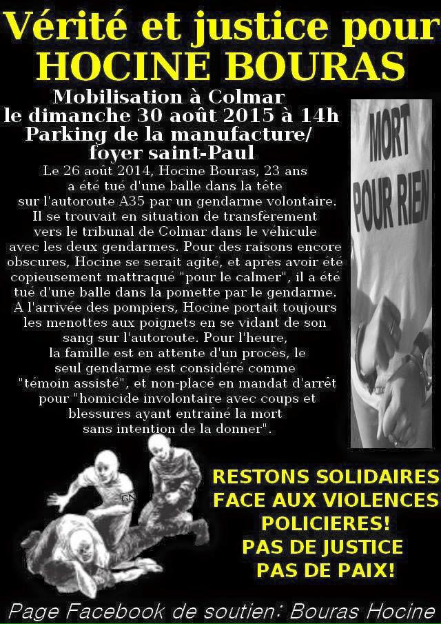 Vérité et justice pour Hocine Bouras, mobilisation le 30 août 2015 à Colmar