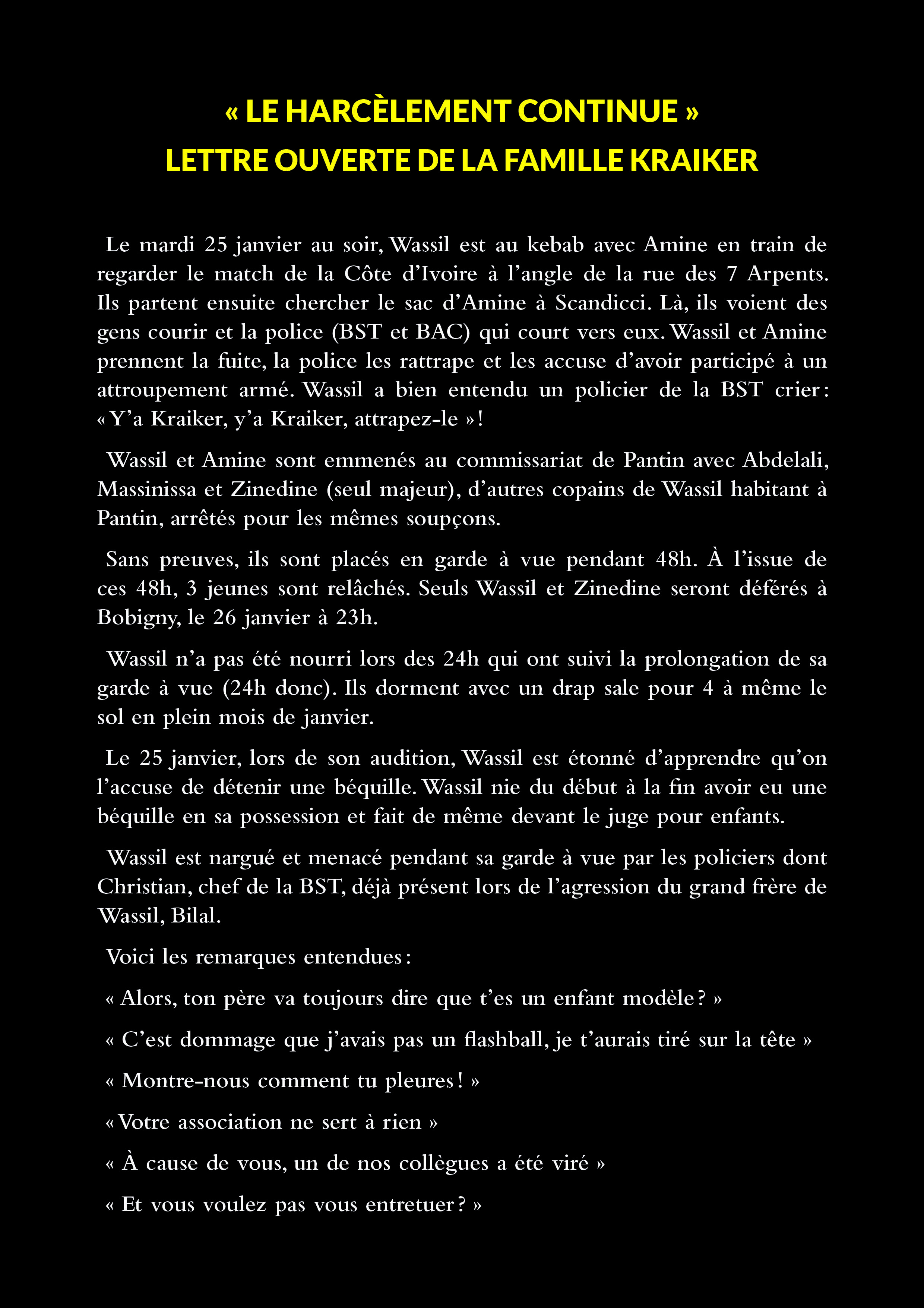 "Le harcèlement continue" - Lettre ouverte de la famille Kraiker