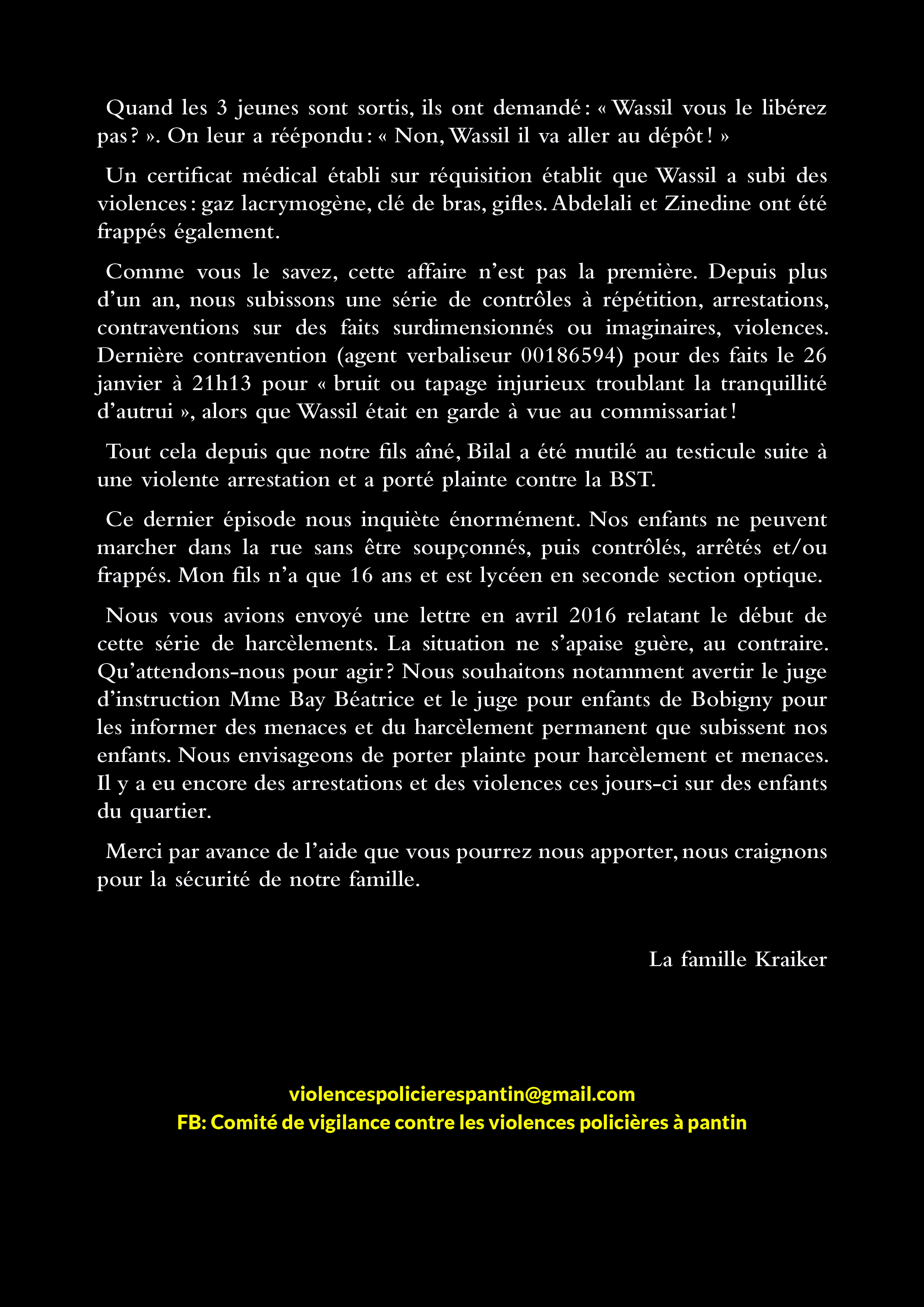 "Le harcèlement continue" - Lettre ouverte de la famille Kraiker